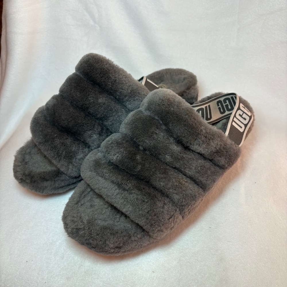 UGG Fluff Yeah Slides Charcoal Grey Sheepskin Platform Slipper Sandal Womens 11